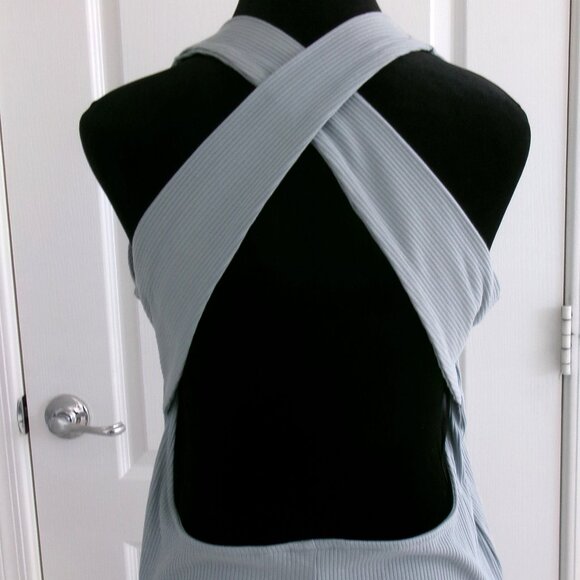 New H&M Ribbed Open Twist Back Sleeveless Midi Dress Soft Stretchy Grey Blue L - Picture 8 of 11
